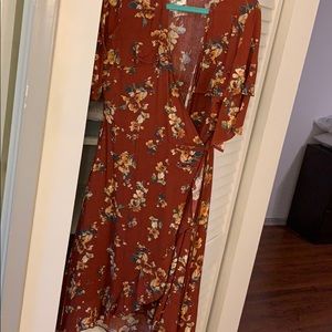 Burnt orange wrap dress.